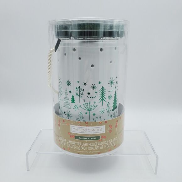 Yankee Candle Luminary Tea Light Holder Balsam & Cedar Green & White Holiday New - Picture 1 of 13